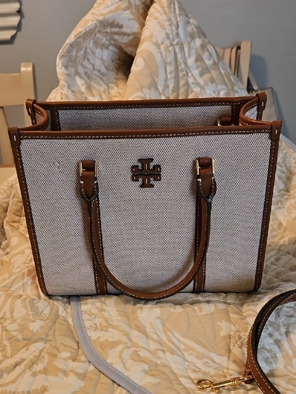 Tory Burch Blake Cream Canvas Satchel with Brown Leather Trim - Picture 2 of 15